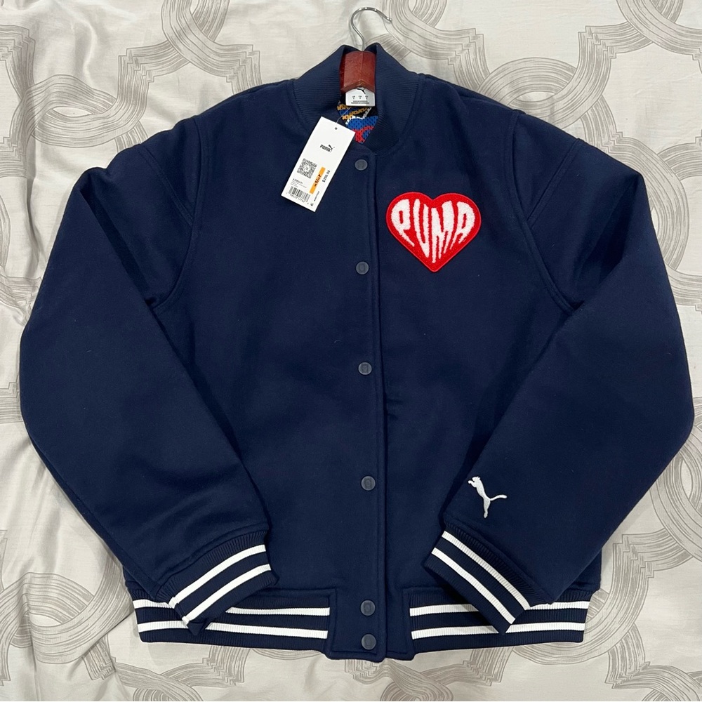 Men’s small Puma Navy Bomber Jacket with Red Heart Patch